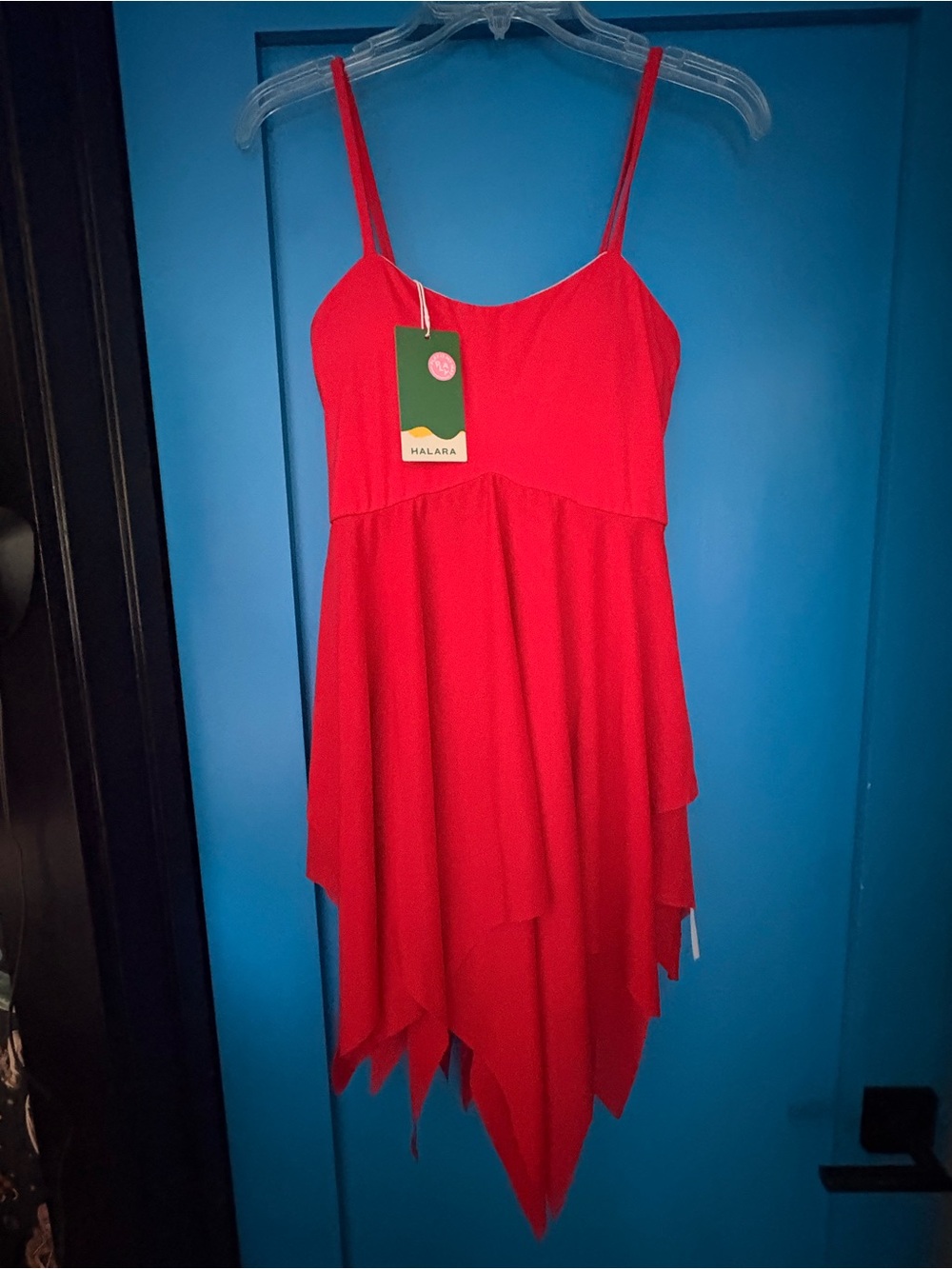 HALARA Red Asymmetrical Handkerchief-Hem Spaghetti-Strap Dress